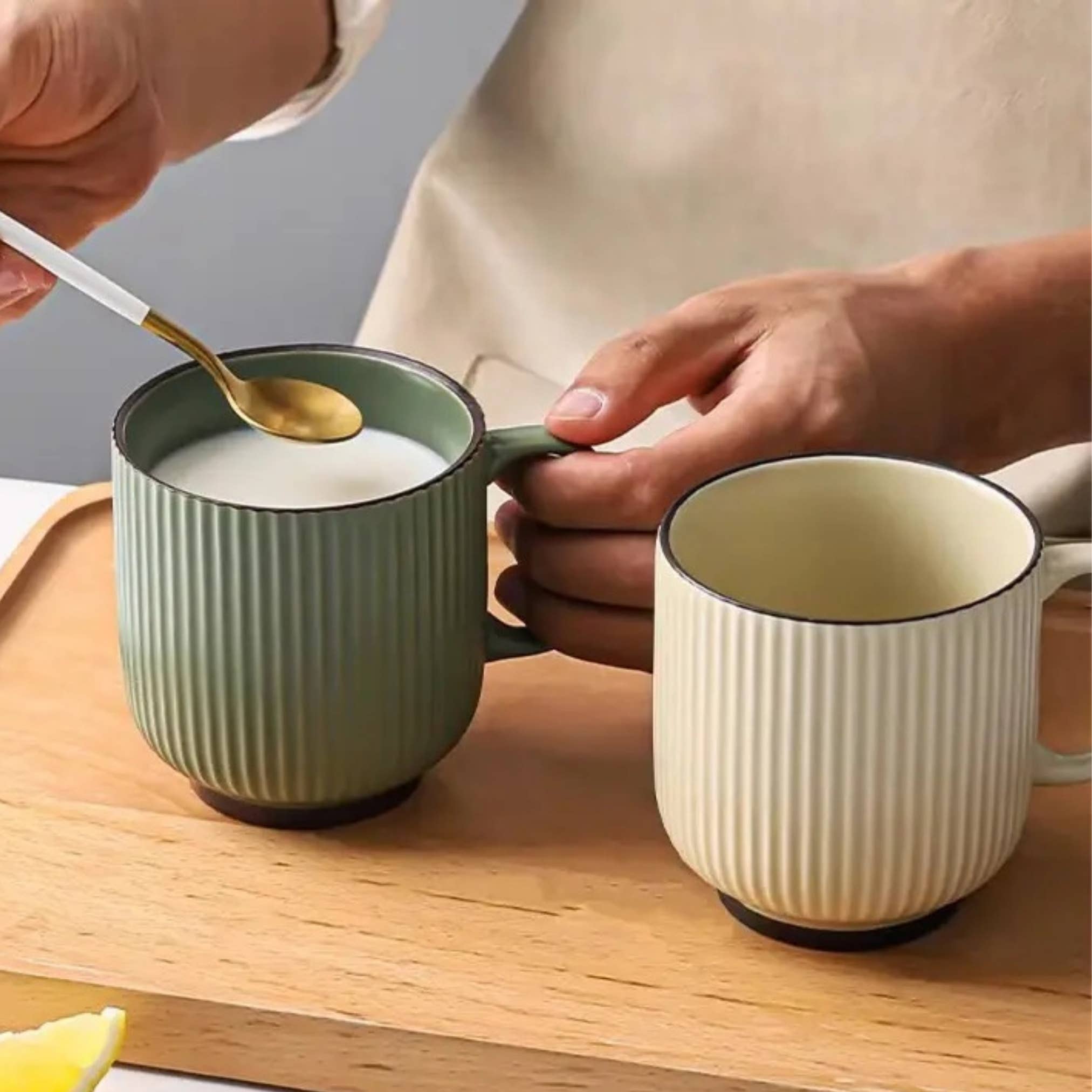 Coffee Mug with Striped Modern Vintage Nordic Style-12 oz : Beige