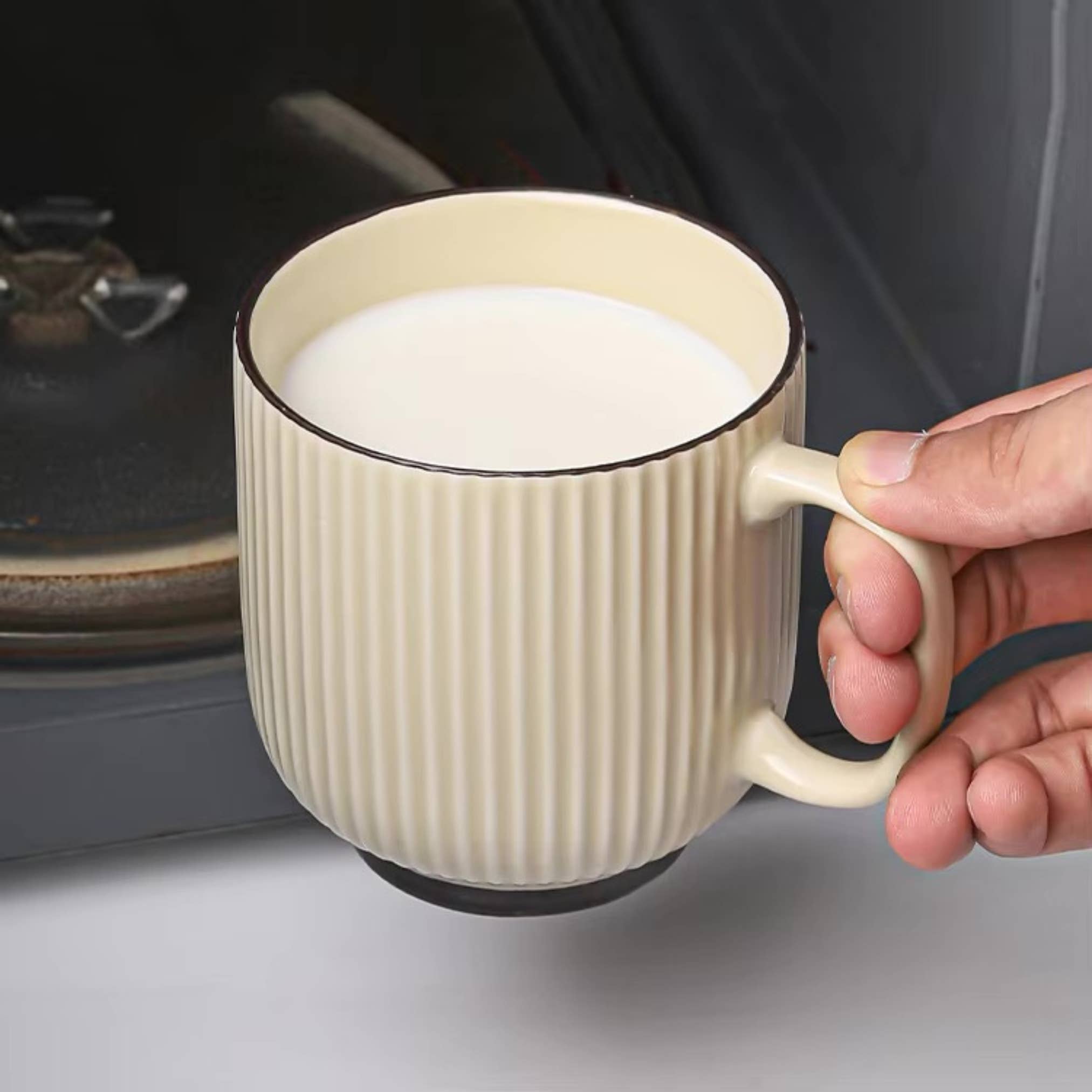 Coffee Mug with Striped Modern Vintage Nordic Style-12 oz : Beige