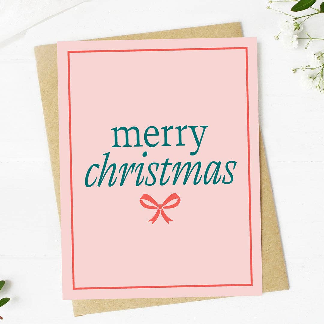 "Merry Christmas" Pink & Green Bow Card
